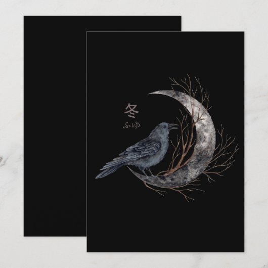 Raven op halve maan met Winter Kanji Feestdagenkaart (Voorkant / Achterkant)