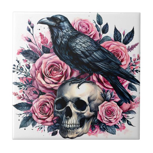Raven op schedel met roze rozen kunst tegeltje (Voorkant)