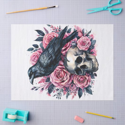 Raven op schedel met roze rozen tissuepapier (Craft)