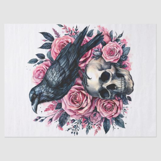 Raven op schedel met roze rozen tissuepapier (Voorkant)