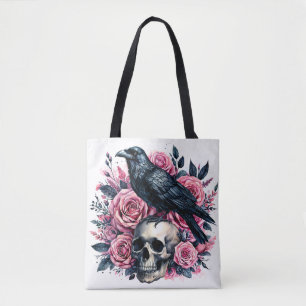 Raven op schedel met roze rozen tote bag