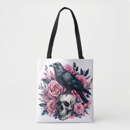 Raven op schedel met roze rozen tote bag (Voorkant)