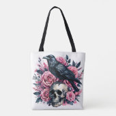 Raven op schedel met roze rozen tote bag (Achterkant)