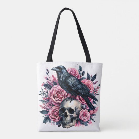 Raven op schedel met roze rozen tote bag (Achterkant)