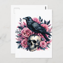 Raven op schedel met roze rozen Waterverf kunst Briefkaart