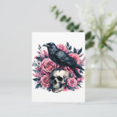 Raven op schedel met roze rozen Waterverf kunst Briefkaart (Staand voorkant)