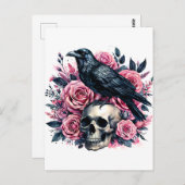 Raven op schedel met roze rozen Waterverf kunst Briefkaart (Voorkant / Achterkant)