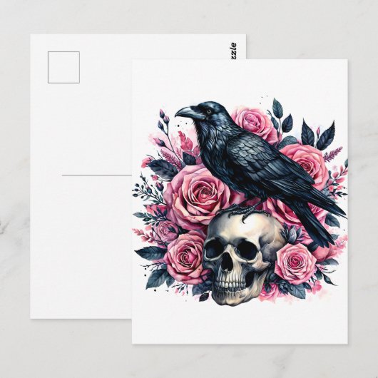 Raven op schedel met roze rozen Waterverf kunst Briefkaart (Voorkant / Achterkant)