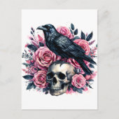 Raven op schedel met roze rozen Waterverf kunst Briefkaart (Voorkant)