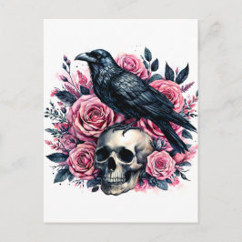 Raven op schedel met roze rozen Waterverf kunst Briefkaart