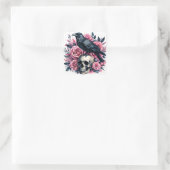 Raven op schedel met roze rozen Waterverf Vierkante Sticker (Tas)