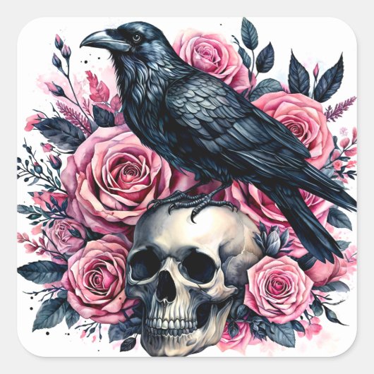 Raven op schedel met roze rozen Waterverf Vierkante Sticker (Voorkant)