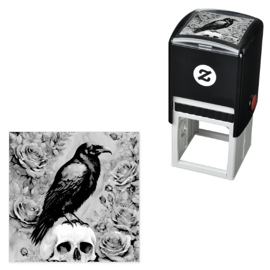 Raven op schedel met Rozen Zelfinktende Stempel (In situ)