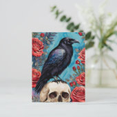 Raven op schedel rode rozen Blauwgroen achtergrond Briefkaart (Staand voorkant)