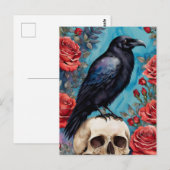 Raven op schedel rode rozen Blauwgroen achtergrond Briefkaart (Voorkant / Achterkant)