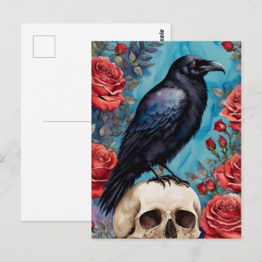 Raven op schedel rode rozen Blauwgroen achtergrond Briefkaart (Voorkant / Achterkant)