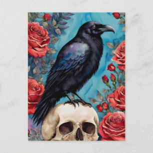 Raven op schedel rode rozen Blauwgroen achtergrond Briefkaart