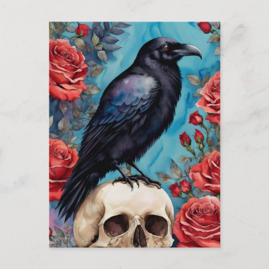 Raven op schedel rode rozen Blauwgroen achtergrond Briefkaart (Voorkant)