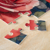 Raven op schedel rode rozen Blauwgroen achtergrond Legpuzzel (Zijkant)