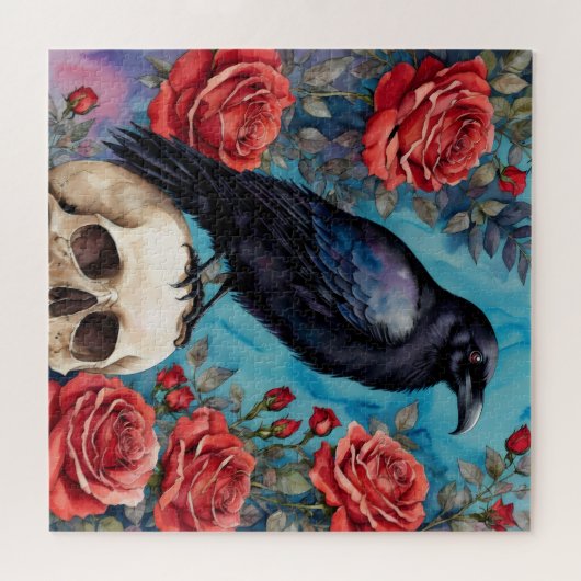 Raven op schedel rode rozen Blauwgroen achtergrond Legpuzzel (Horizontaal)