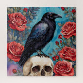 Raven op schedel rode rozen Blauwgroen achtergrond Legpuzzel (Verticaal)