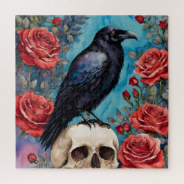 Raven op schedel rode rozen Blauwgroen achtergrond Legpuzzel