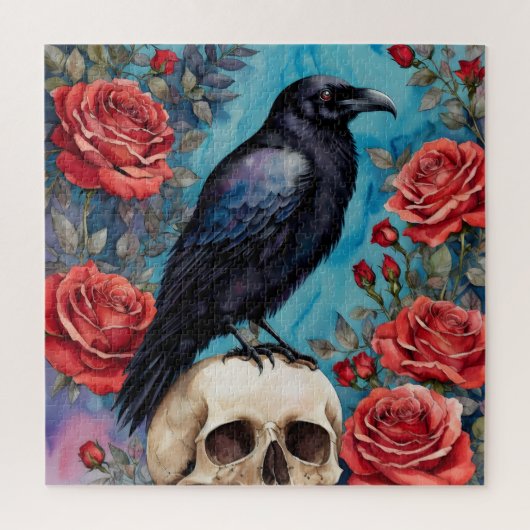 Raven op schedel rode rozen Blauwgroen achtergrond Legpuzzel (Verticaal)