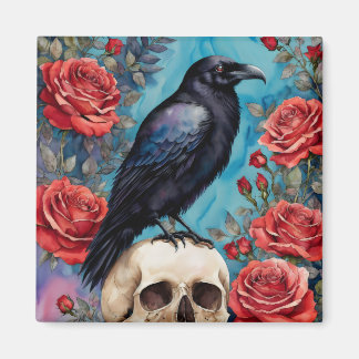 Raven op schedel rode rozen Blauwgroen achtergrond Magneet