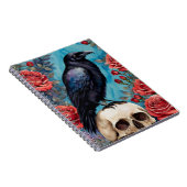 Raven op schedel rode rozen Blauwgroen achtergrond Notitieboek (Rechterzijde)