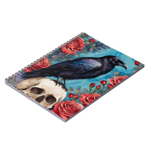 Raven op schedel rode rozen Blauwgroen achtergrond Notitieboek (Linkerzijde)