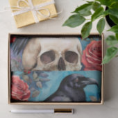 Raven op schedel rode rozen Blauwgroen achtergrond Tissuepapier (Geschenk)