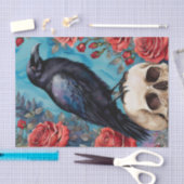 Raven op schedel rode rozen Blauwgroen achtergrond Tissuepapier (Craft)