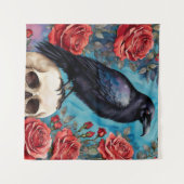 Raven op schedel rode rozen Blauwgroen achtergrond Wandkleed (Voorkant (horizontaal))