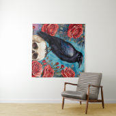 Raven op schedel rode rozen Blauwgroen achtergrond Wandkleed (In Situ (horizontaal))