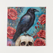 Raven op schedel rode rozen Blauwgroen achtergrond Wandkleed (Voorkant)