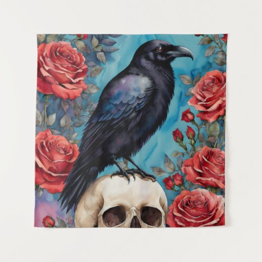 Raven op schedel rode rozen Blauwgroen achtergrond Wandkleed (Voorkant)
