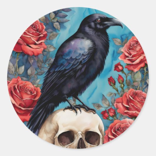 Raven op schedel rode rozen nacht ronde sticker (Voorkant)