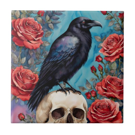 Raven op schedel rode rozen 's nachts tegeltje (Voorkant)