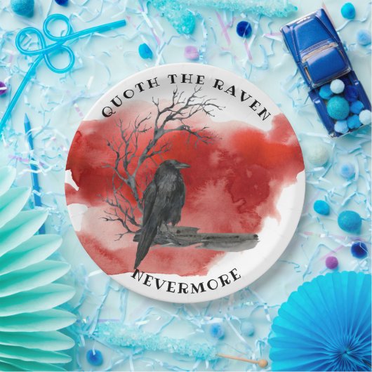 Raven op vertakkingsrode achtergrond papieren bordje (Feest)