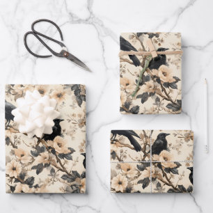 Raven patroon kraai bloemen bomen inpakpapier vel