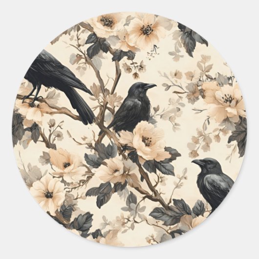 Raven patroon kraai bloemen bomen ronde sticker (Voorkant)