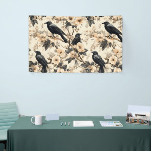 Raven patroon kraai bloemen bomen spandoek