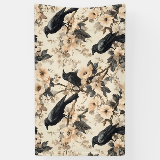 Raven patroon kraai bloemen bomen spandoek (Verticaal)