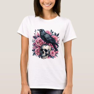 Raven & Pink Roses – Gotische Schedel Waterverf T-shirt
