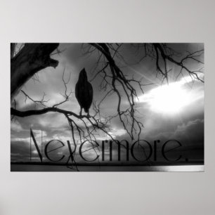 Raven Poster - Nevermore Sunbeams Tree B&W