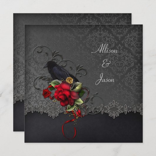 Raven Red Roses Black Grey Damask Kaart (Voorkant / Achterkant)
