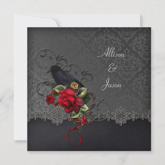 Raven Red Roses Black Grey Damask Kaart (Voorkant)