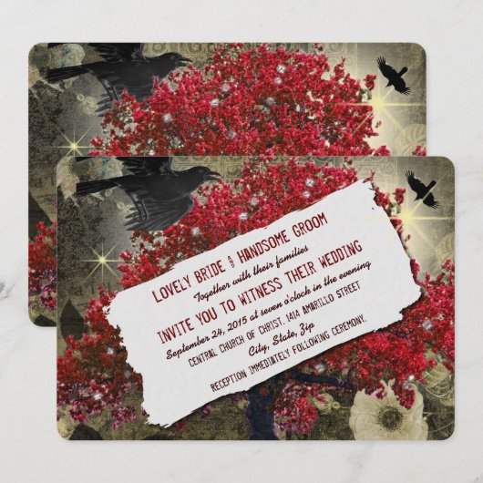 Raven Red Tree Gothic Wedding Invitation Kaart (Voorkant / Achterkant)