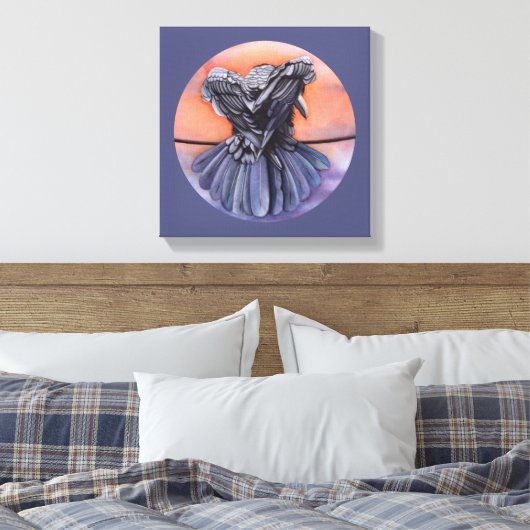 Raven Ruffling Feathers Roosting Crow Bird Art Canvas Afdruk (Insitu (Slaapkamer))