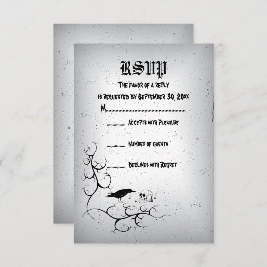 Raven, schedel en  hoek Gotische bruiloft RSVP (Voorkant / Achterkant)